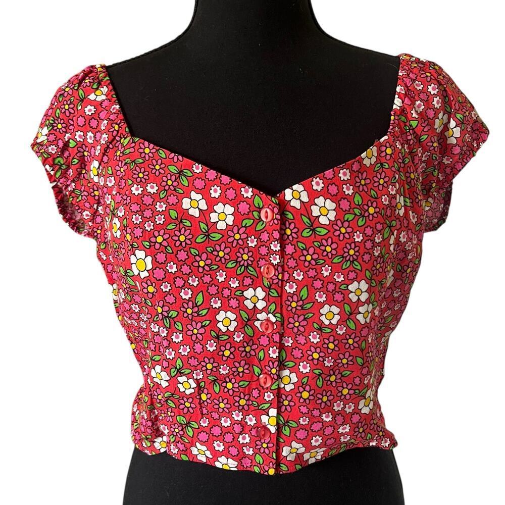 Rolla's Women's Cottage Core Ditsy Floral Cropped Top‎ Red Size Medium